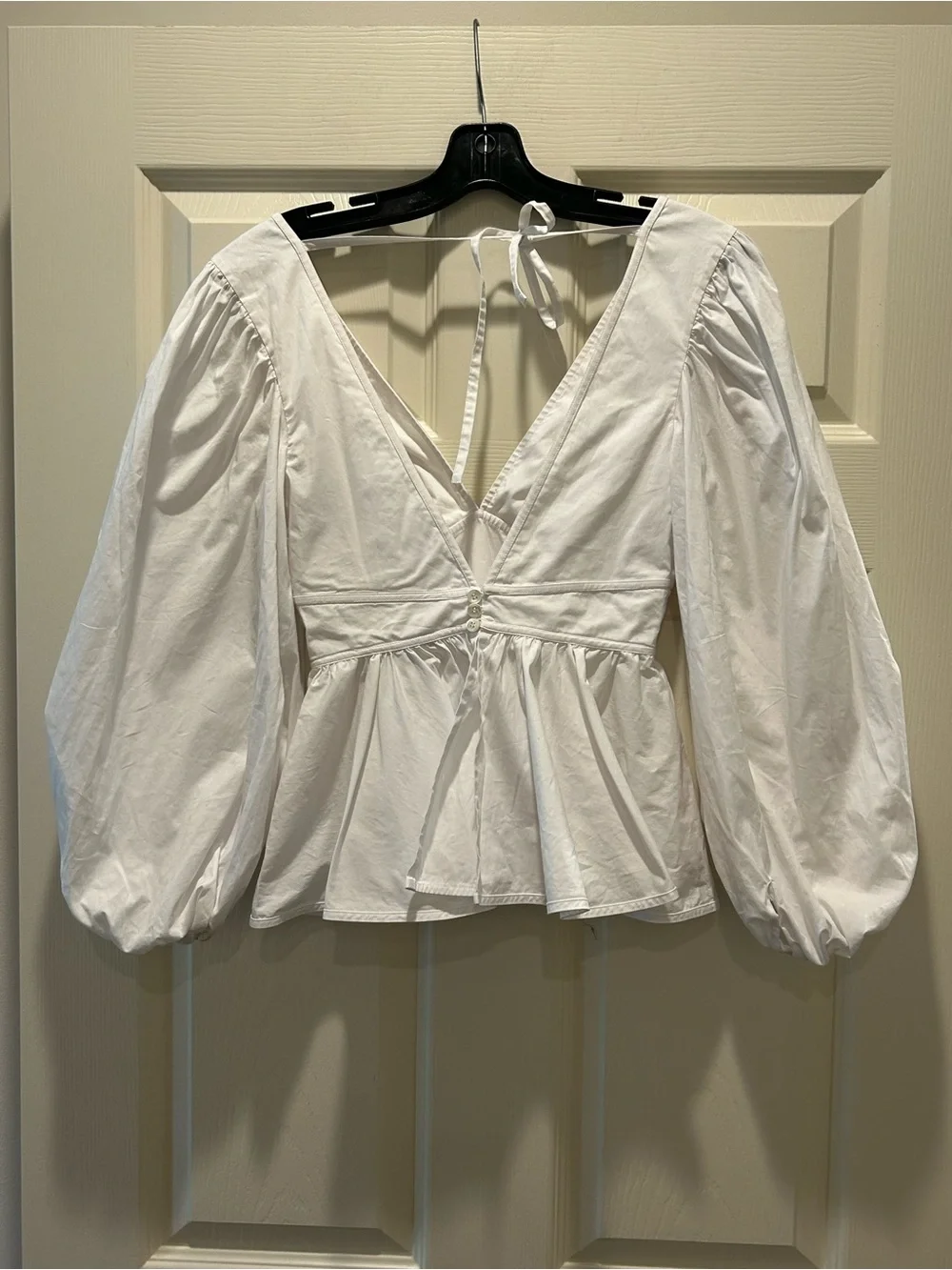 STAUD White Deep V Peplum Puff-Sleeve Blouse
